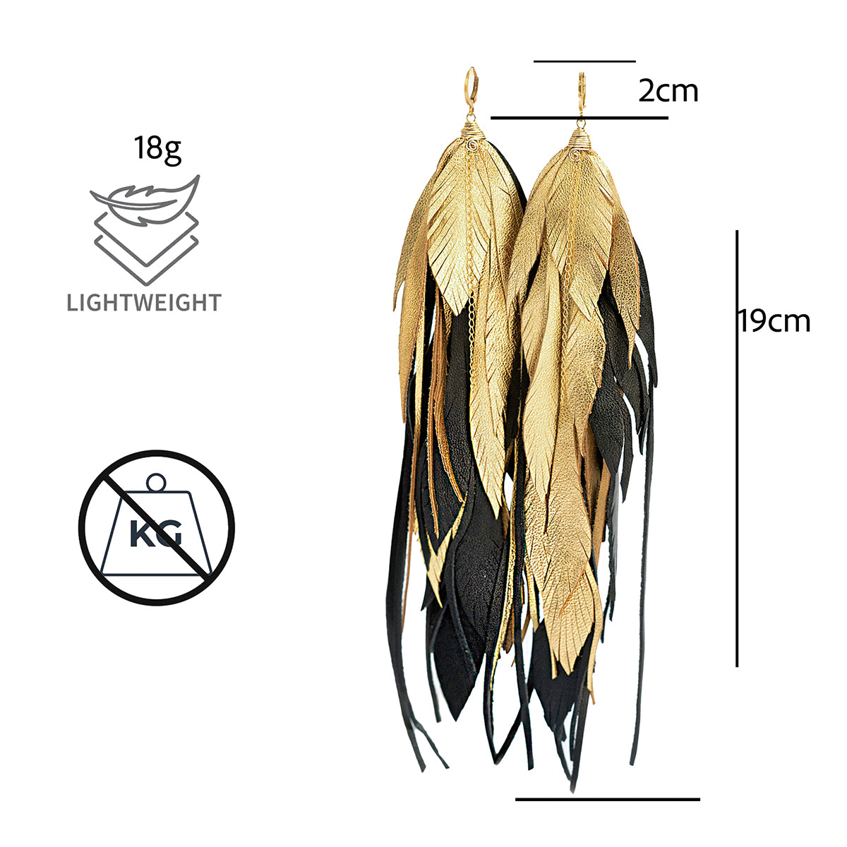 Aretes Maxi Raven Gold pluma largos dorados mujer VANGANIA-19CM