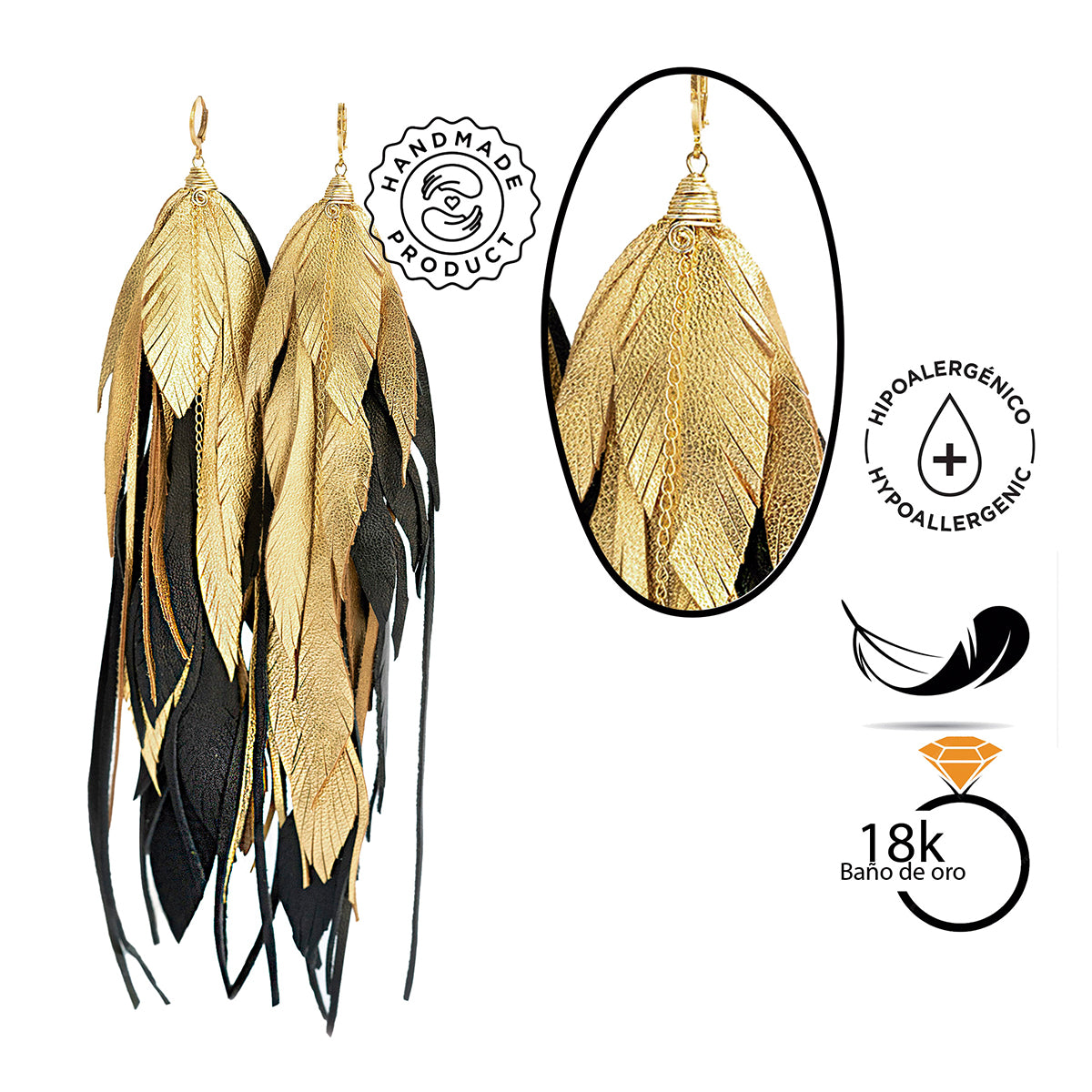 Aretes Maxi Raven Gold pluma largos dorados mujer VANGANIA-19CM