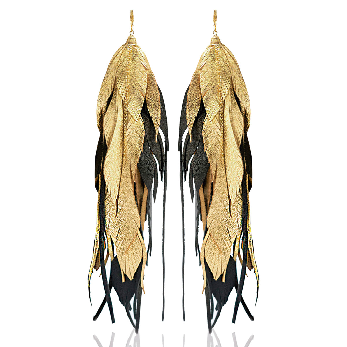 Aretes Maxi Raven Gold pluma largos dorados mujer VANGANIA-19CM