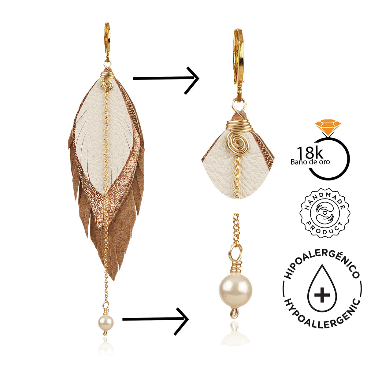 Aretes GAVILÁN mujer pluma cuero joyería elegante VANGANIA