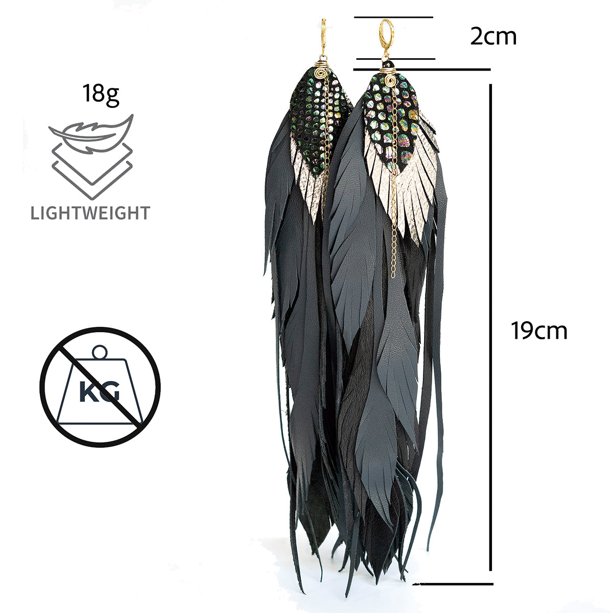VANGANIA Aretes Full Raven pluma negra hechos a mano mujer-19CM