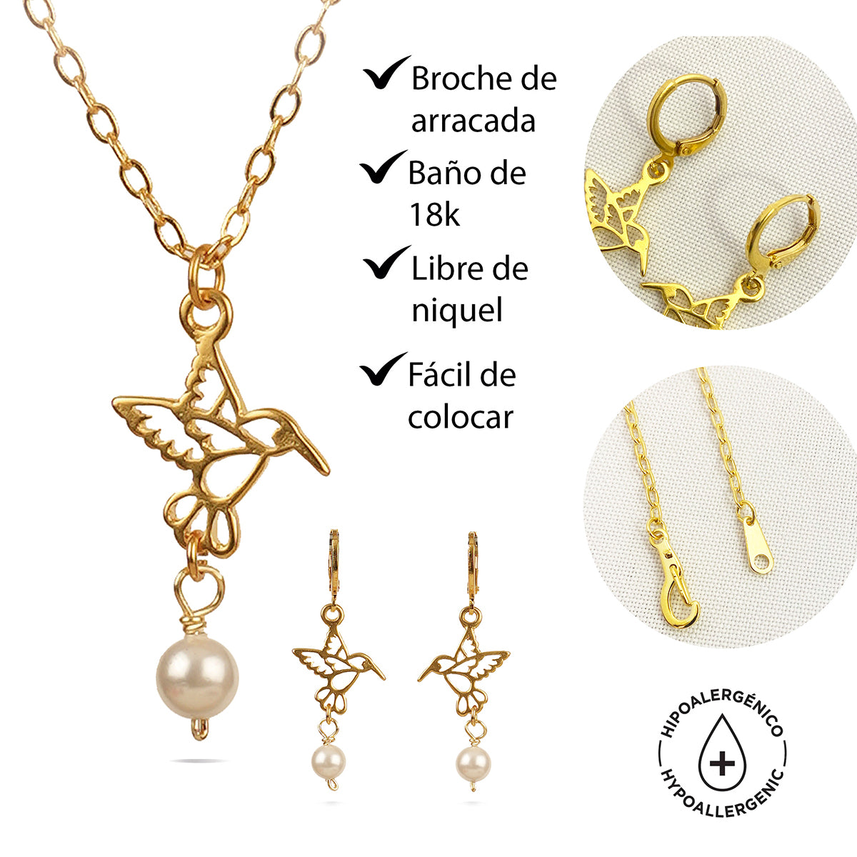 Conjunto collar y aretes colibrí dorado perla VANGANIA