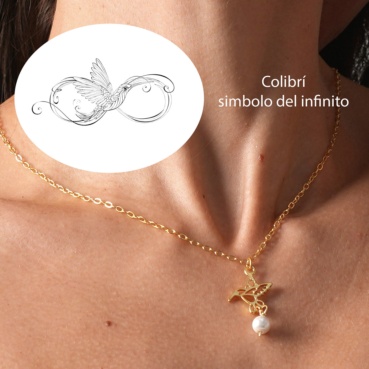 Conjunto collar y aretes colibrí dorado perla VANGANIA