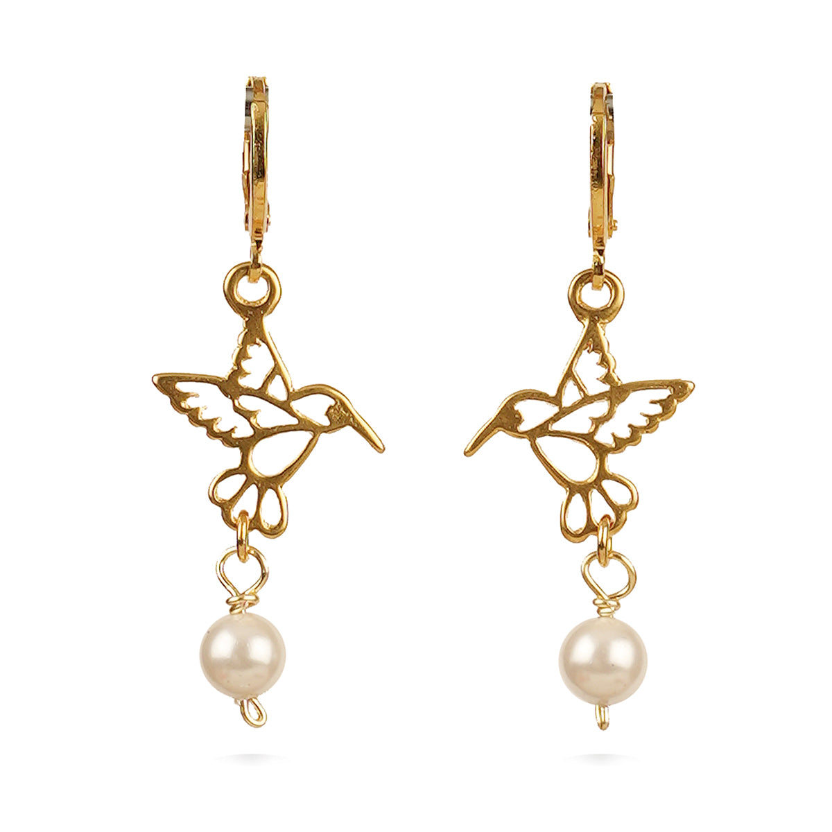 Conjunto collar y aretes colibrí dorado perla VANGANIA