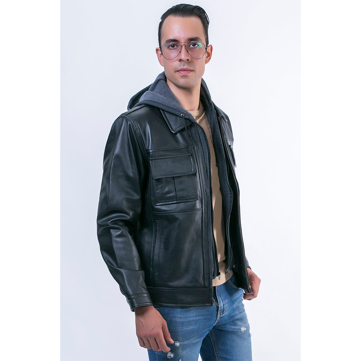 Chamarra piel negra castelli caballero con capucha 2 en 1-XXL