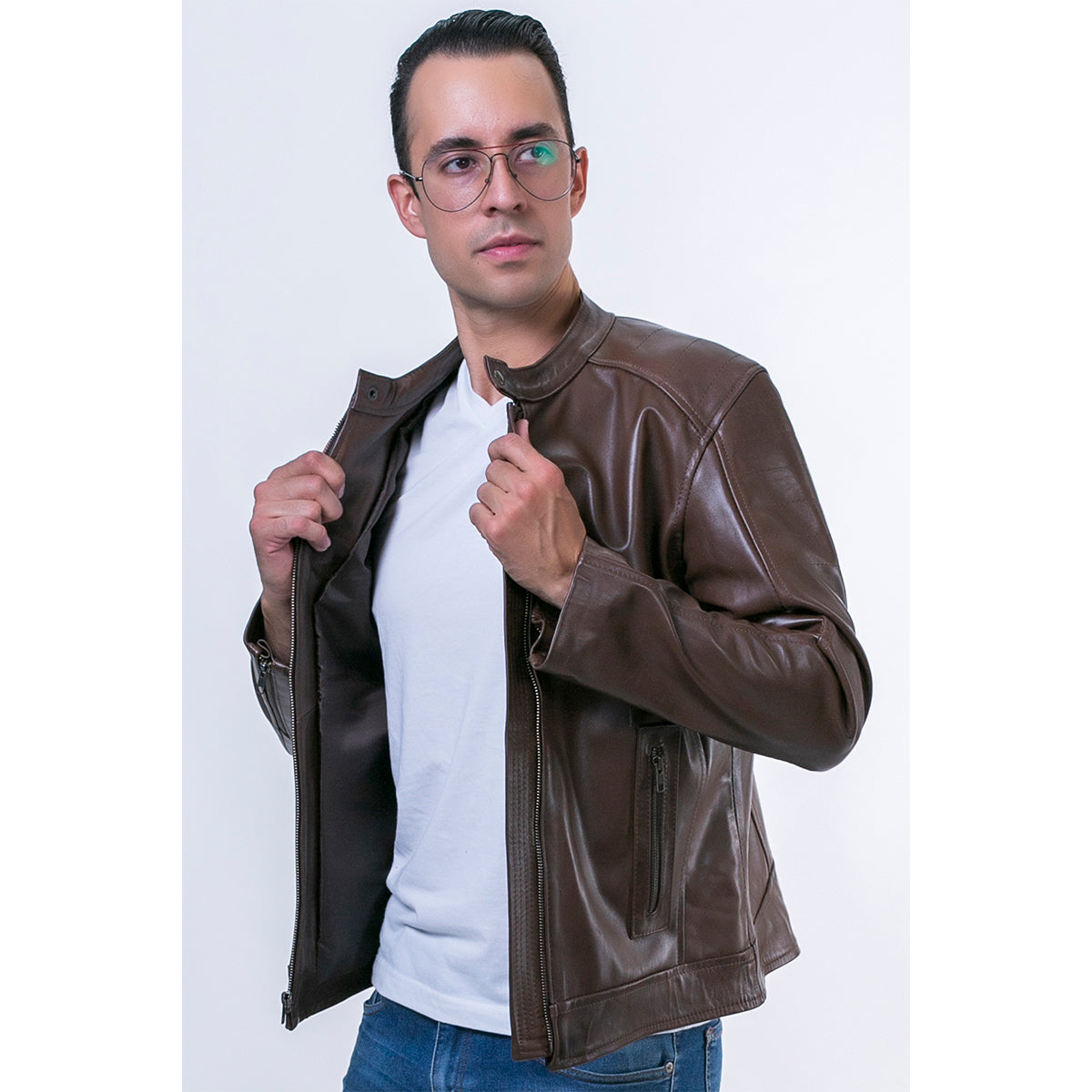 Chamarra piel borrego café castelli hombre slim fit-L