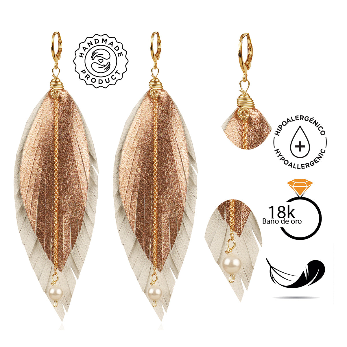 Aretes pluma dorados Vangania Elegant Gold con perla mujer