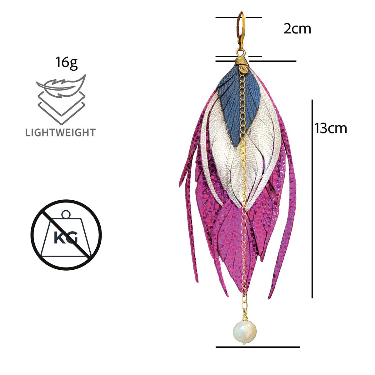 Aretes multipluma 13 cm rosa metálico Vangania artesanales