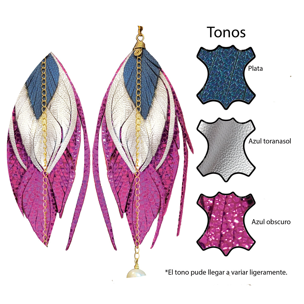 Aretes multipluma 13 cm rosa metálico Vangania artesanales
