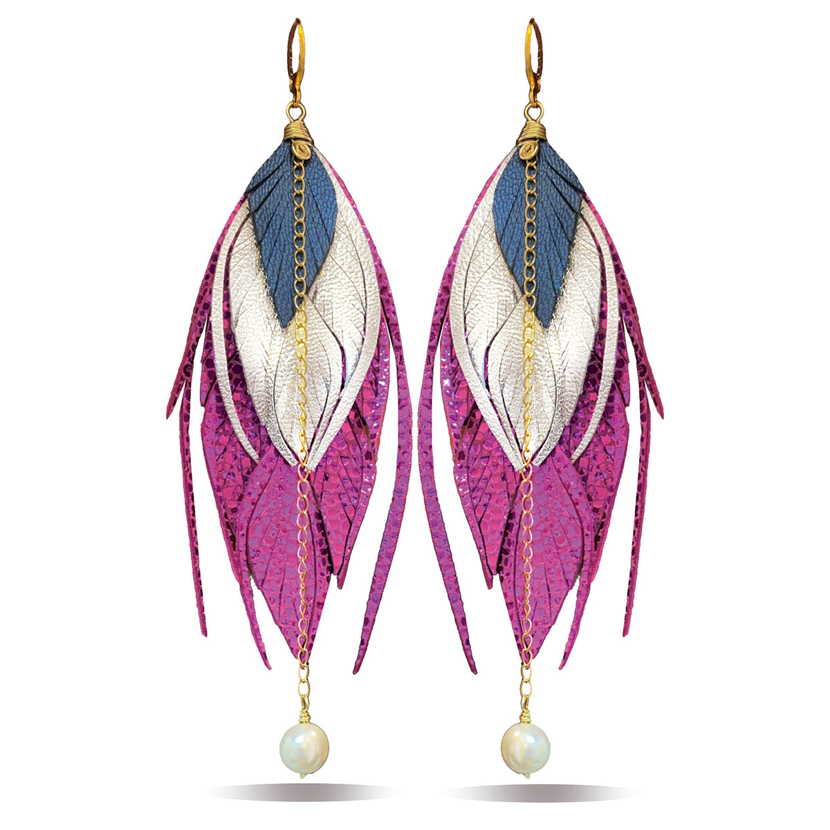 Aretes multipluma 13 cm rosa metálico Vangania artesanales