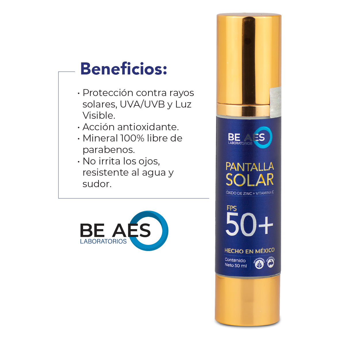 Pantalla protector solar mineral BE AES 50+ óxido de zinc