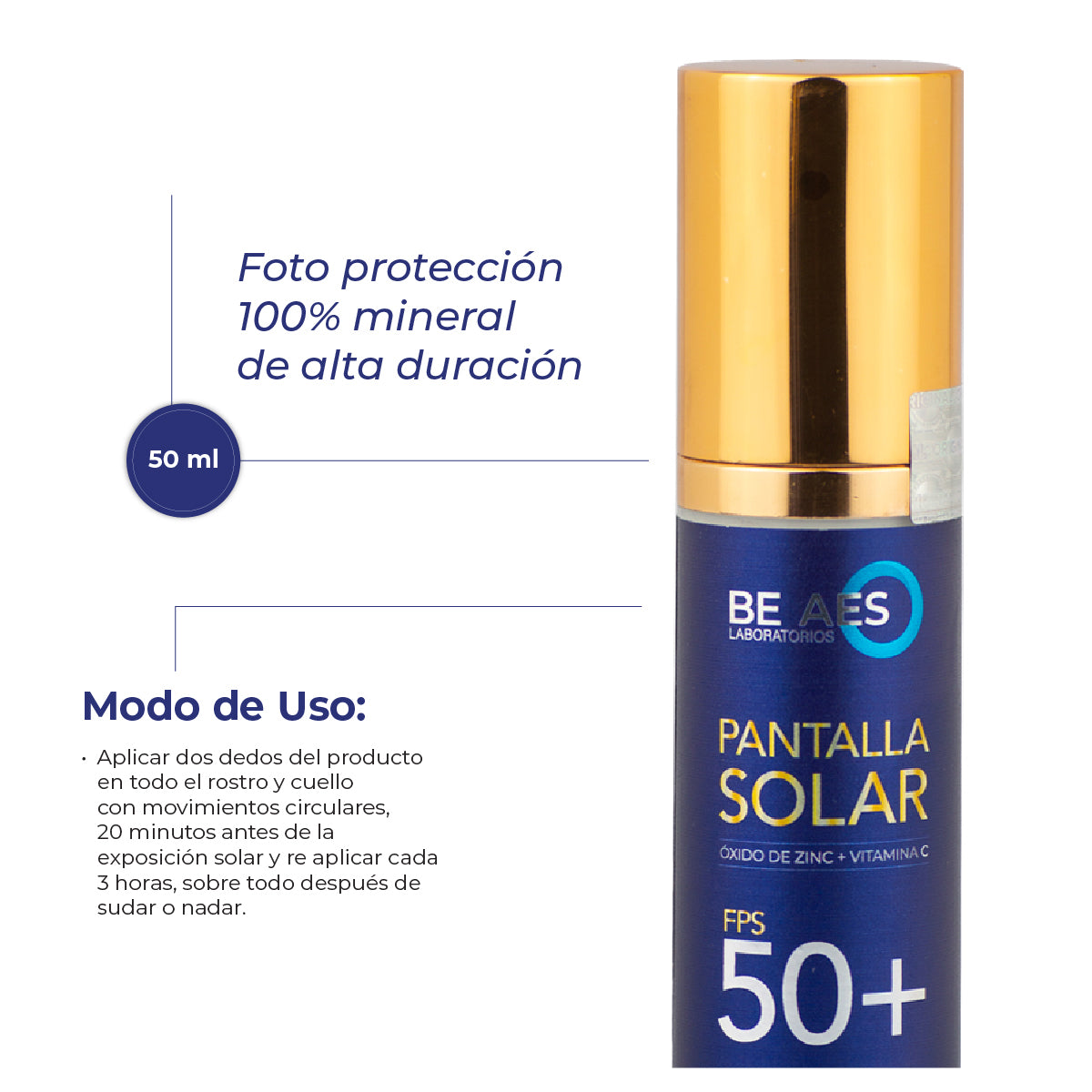 Pantalla protector solar mineral BE AES 50+ óxido de zinc