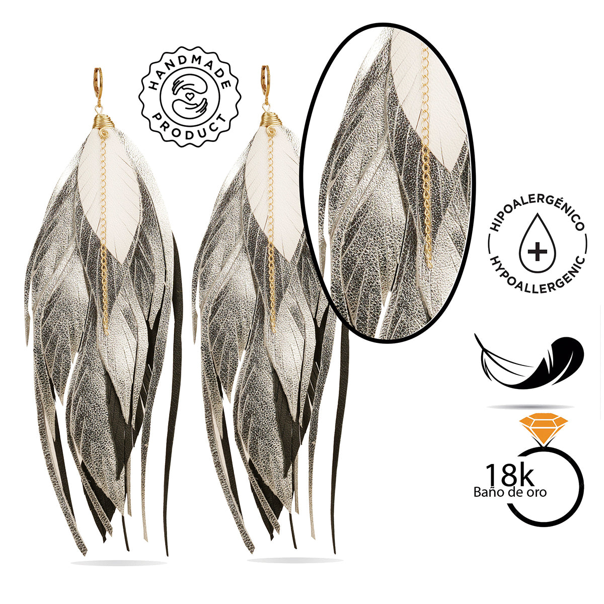 Aretes Multipluma Silver White regalo para mujer vangania-19CM