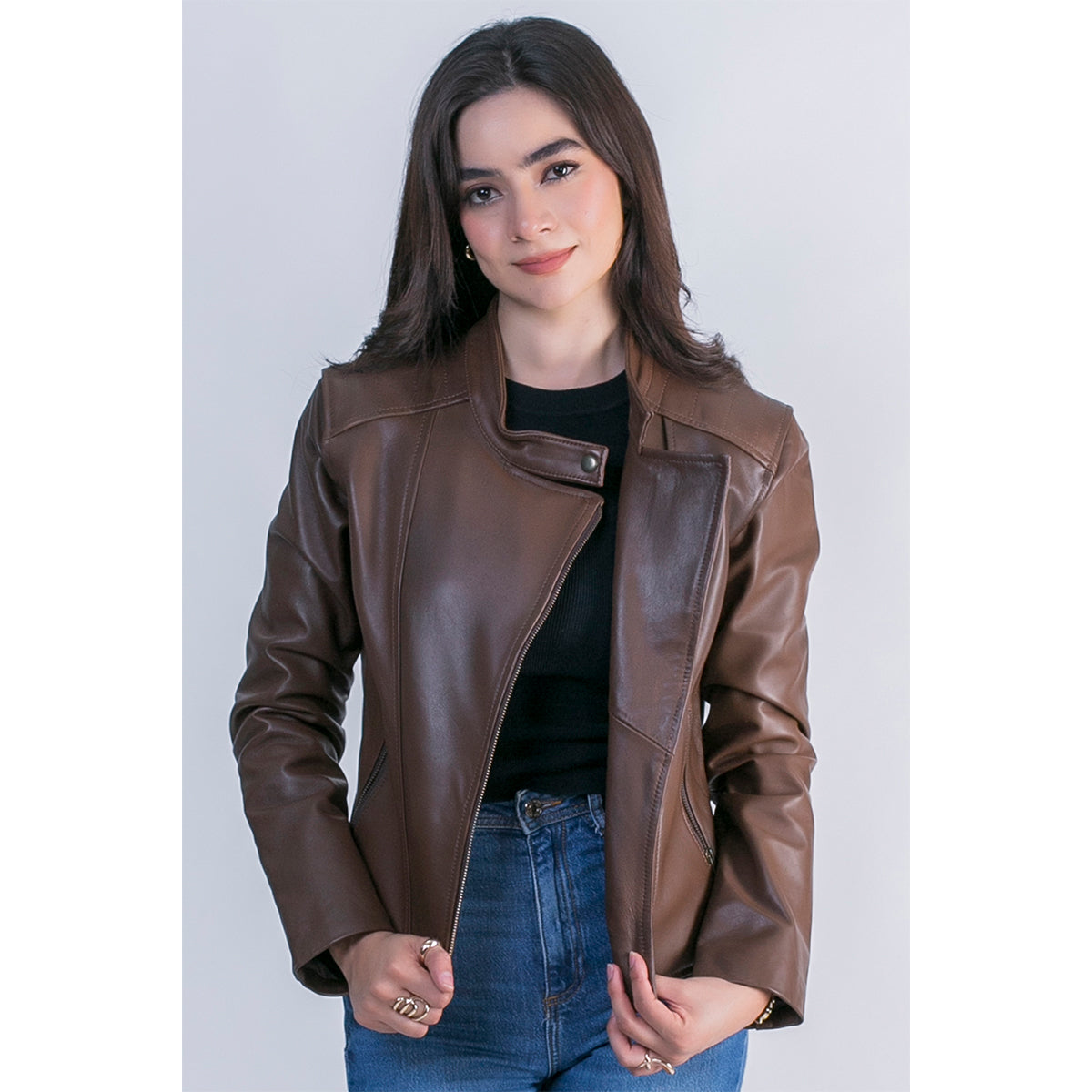 Chamarra de piel castelli biker mujer slim cuello redondo-XL