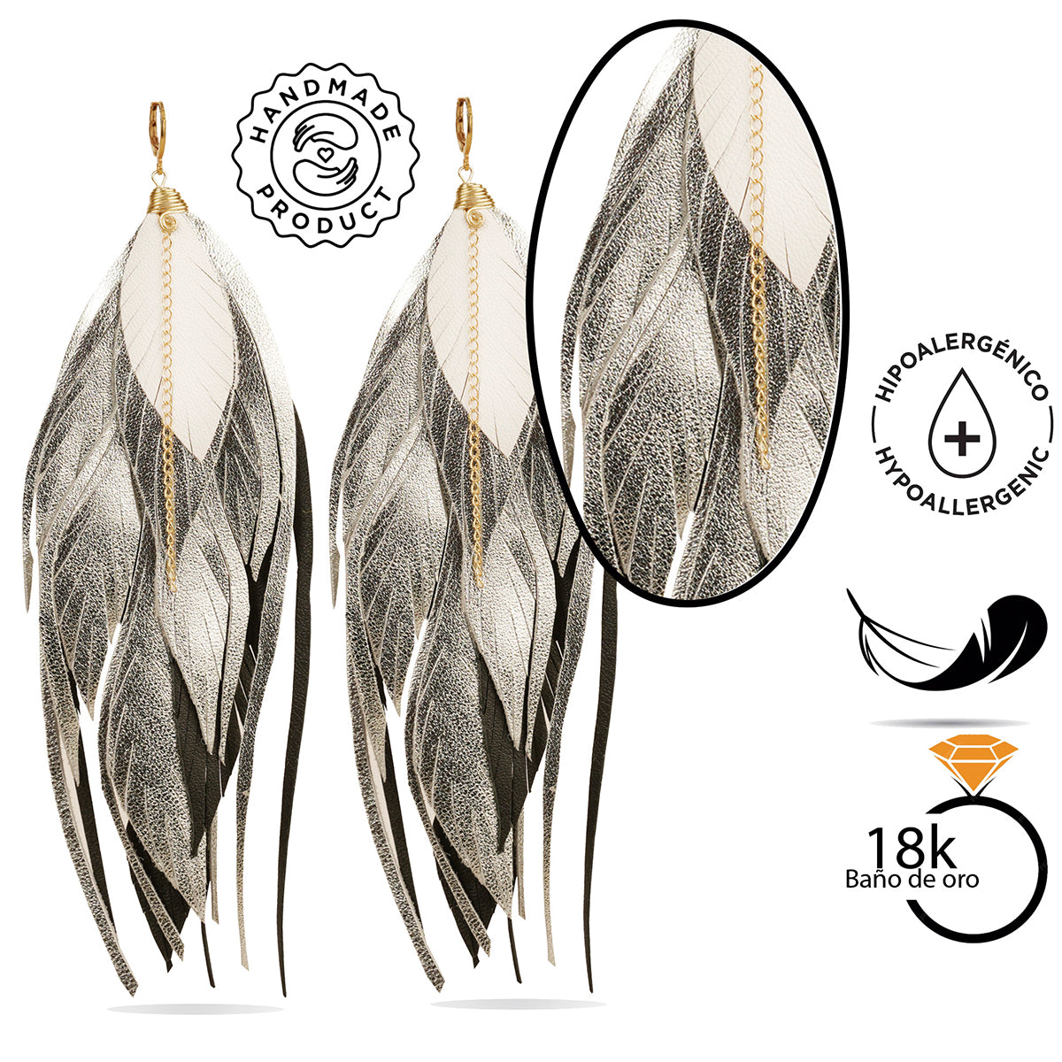 Aretes Multipluma Silver White regalo para mujer vangania-15CM