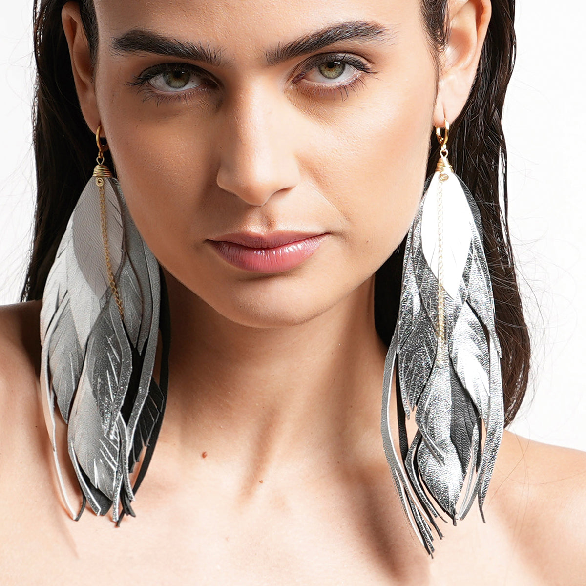 Aretes Multipluma Silver White regalo para mujer vangania-15CM