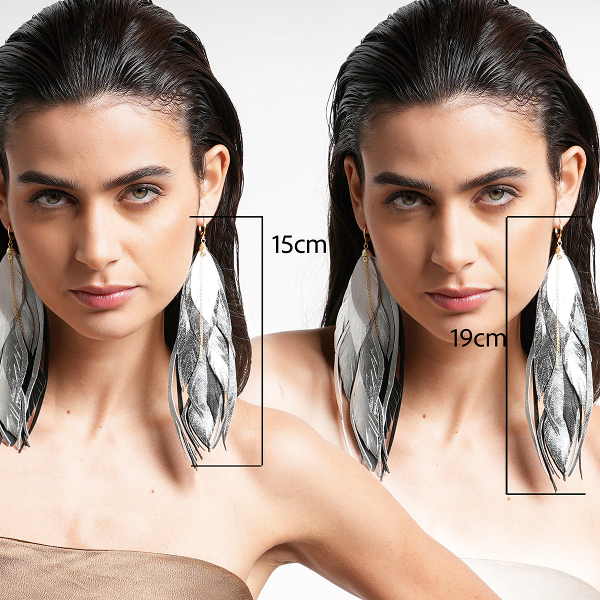 Aretes Multipluma Silver White regalo para mujer vangania-15CM