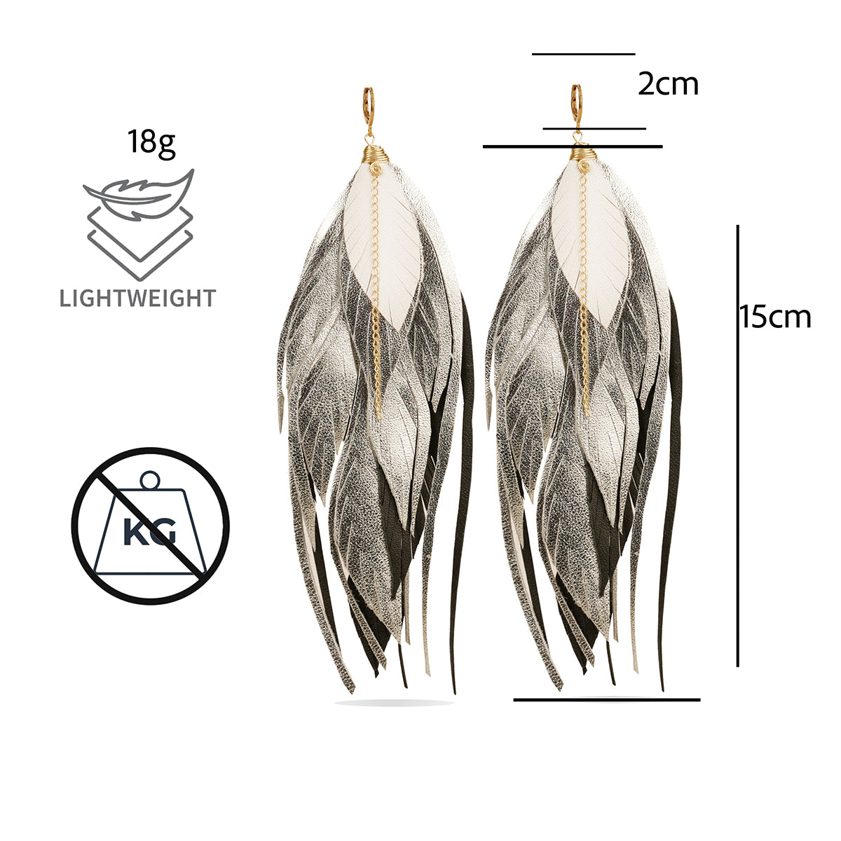 Aretes Multipluma Silver White regalo para mujer vangania-15CM