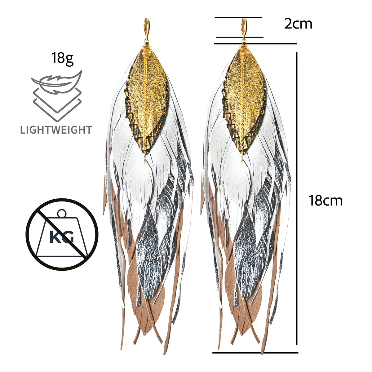 Aretes Garza Blanca multipluma 21cm para mujer VANGANIA