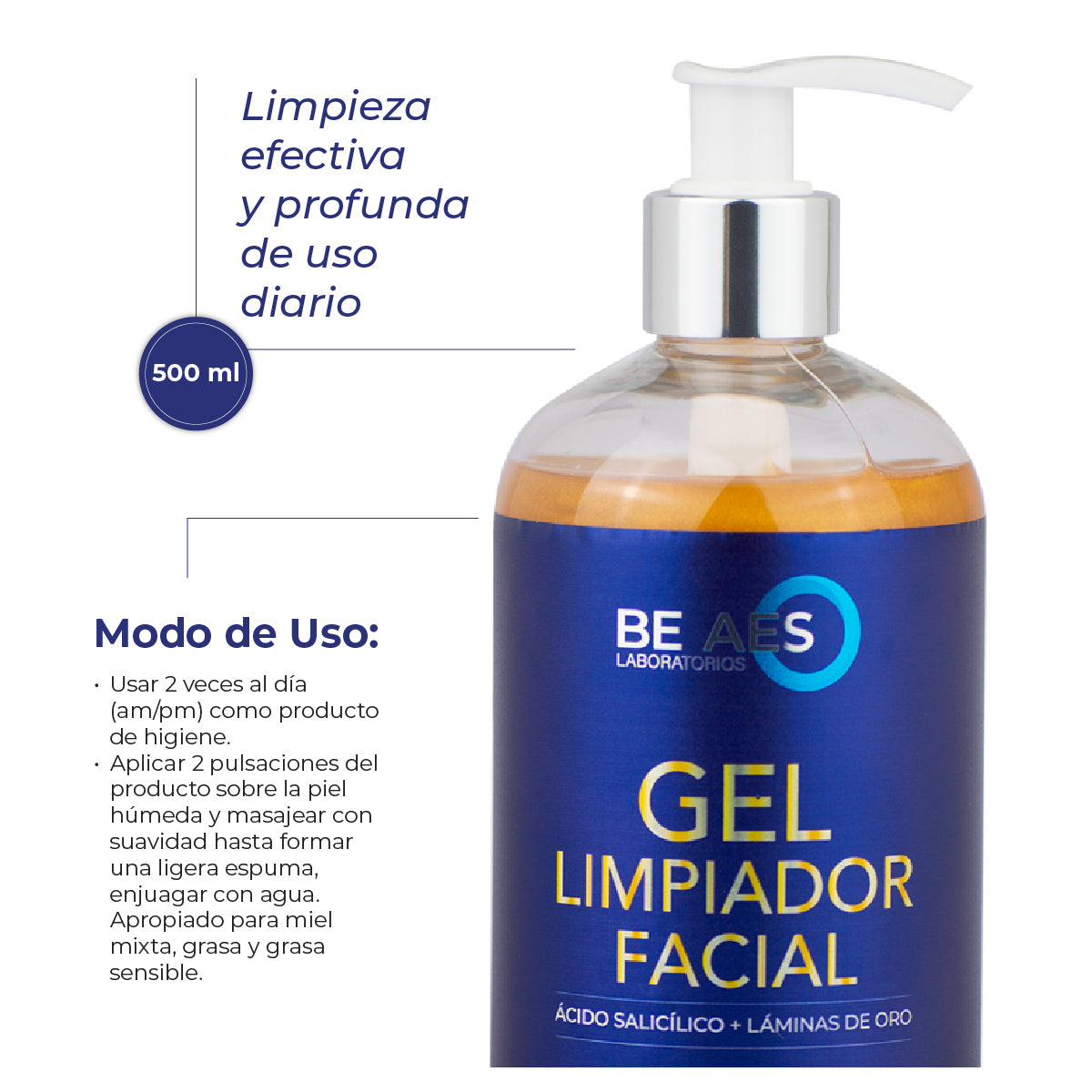 Gel limpiador facial BE AES con ácido salicílico + oro 500ML